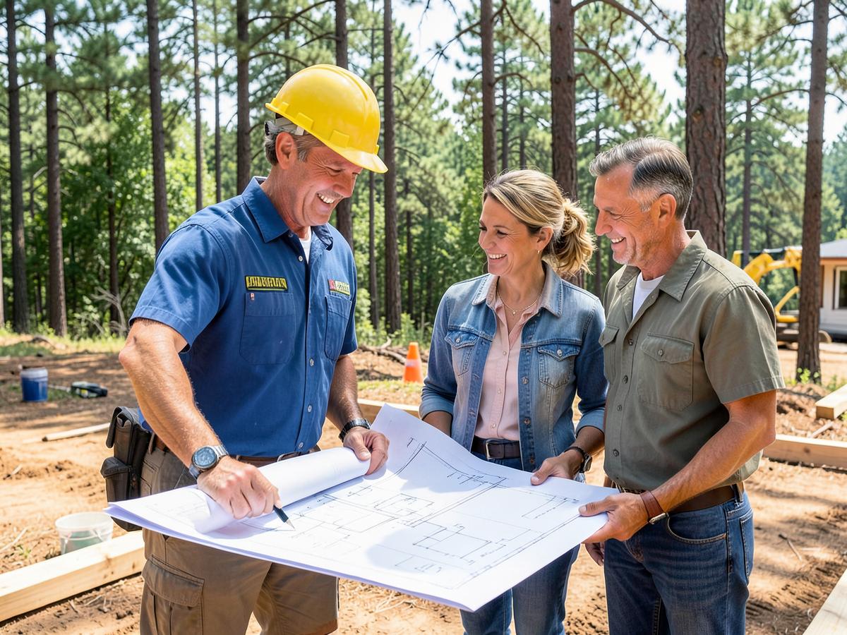 Contractor reviewing house plans with homeowners at a job site