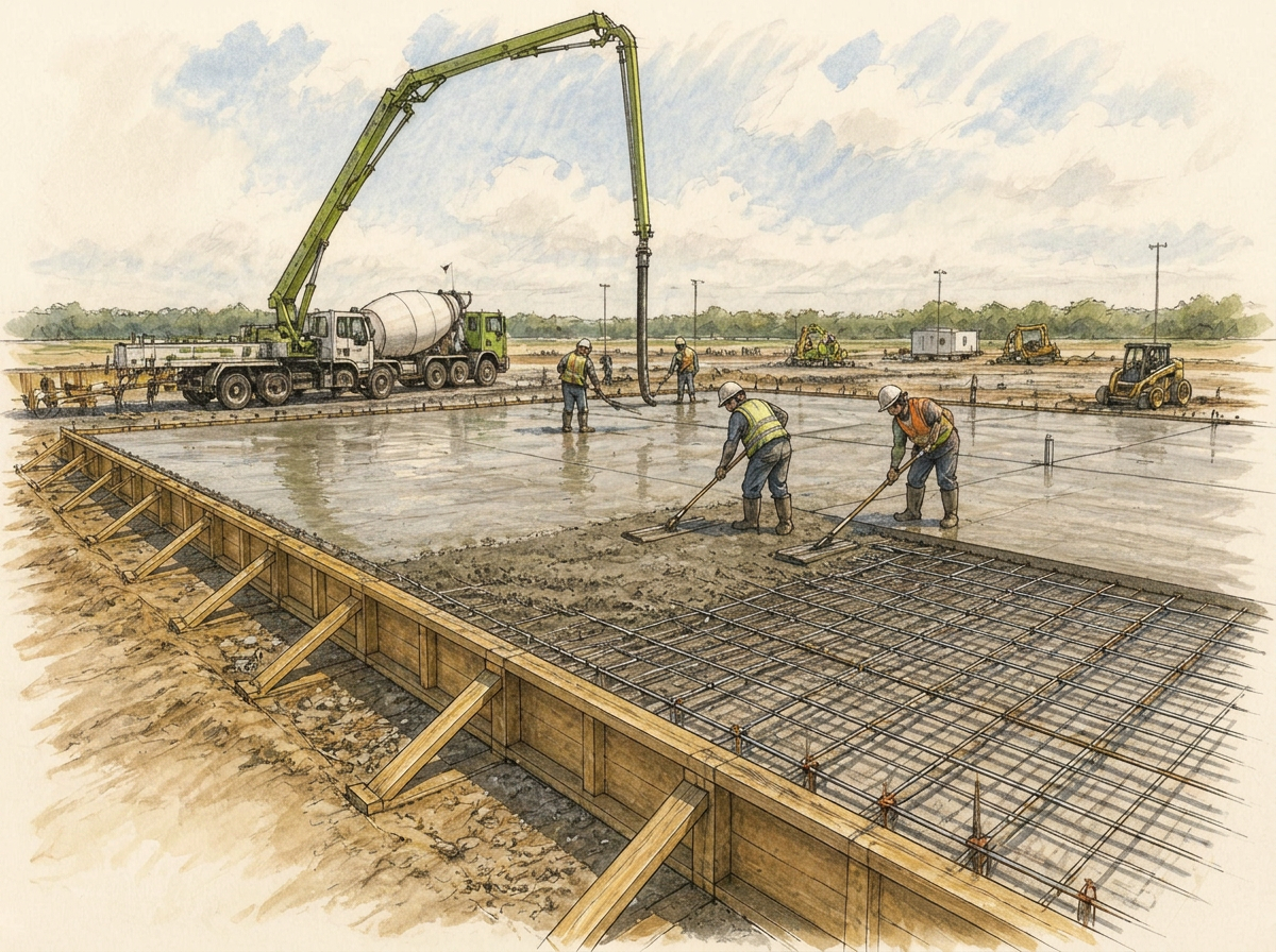 Poured concrete commercial building foundation with rebar and stem walls ready for framing