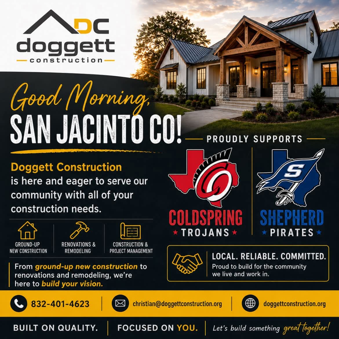 Doggett Construction community artwork supporting the Coldspring Trojans and Shepherd Pirates