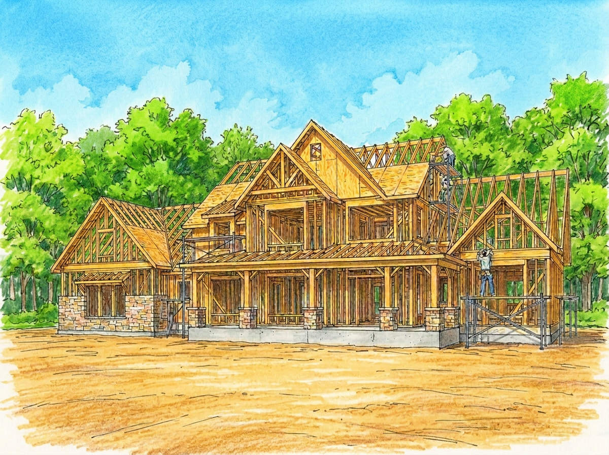 Framed new home with roof trusses set on a rural East Texas lot