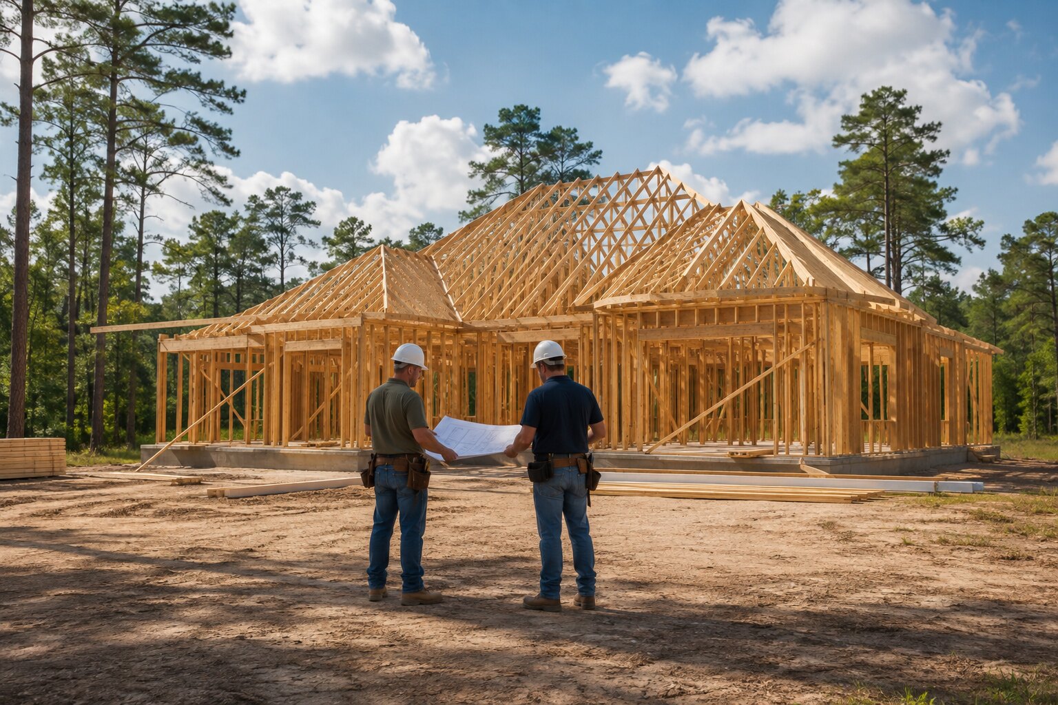 Builders reviewing plans in front of a new East Texas home under construction
