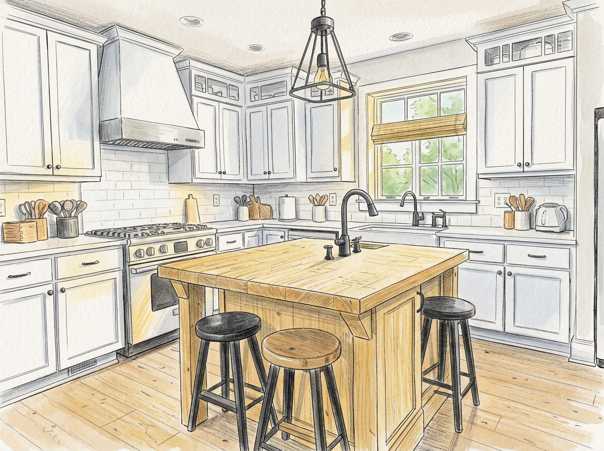 Remodeled farmhouse kitchen with white cabinets and butcher block island