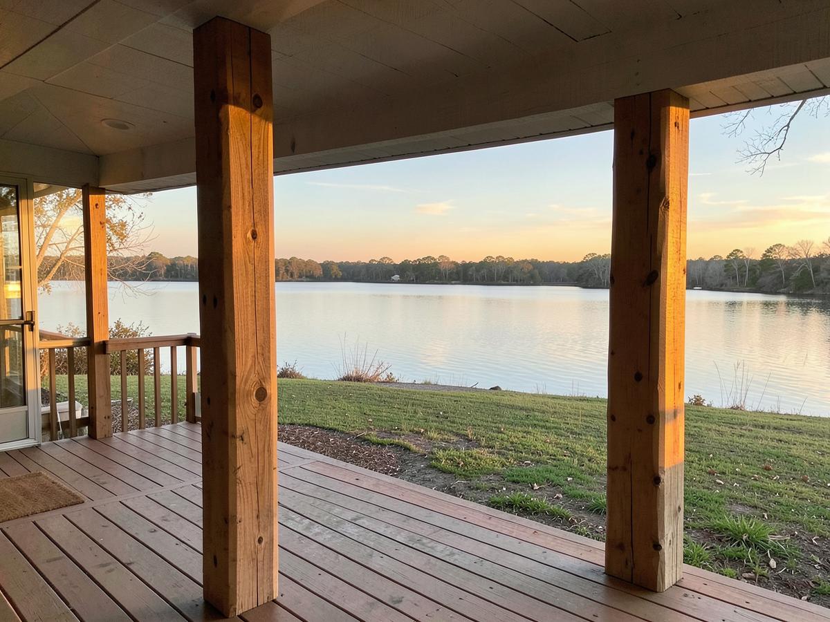 Covered porch looking out over Lake Livingston at sunset